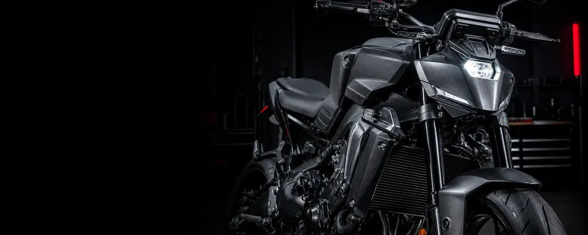 Street motorcycle with its front lighting and control area visible
