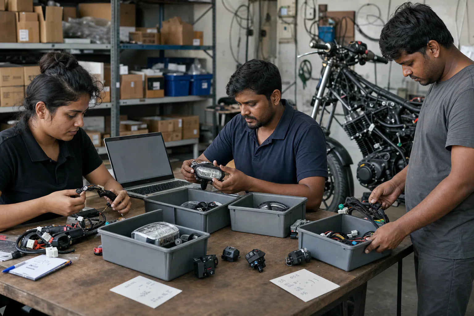 B2B motorcycle parts procurement team organizing verified samples