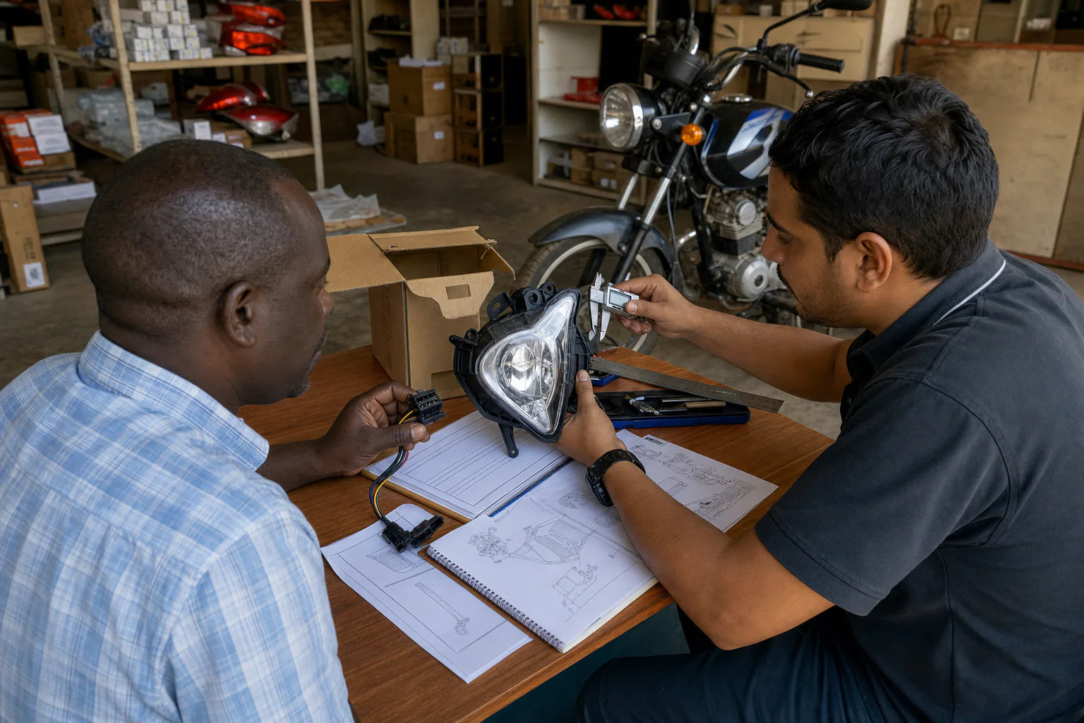 Africa motorcycle parts buyer reviewing specifications and packaging in Kigali