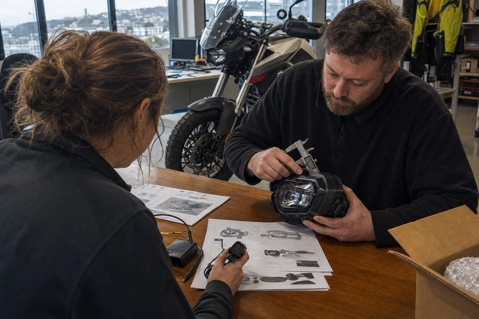 Australia and New Zealand motorcycle parts buyer reviewing specifications and packaging in Wellington