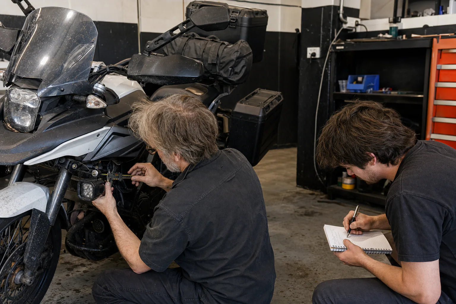 Australia and New Zealand motorcycle parts buyer checking fitment with a technician in Sydney