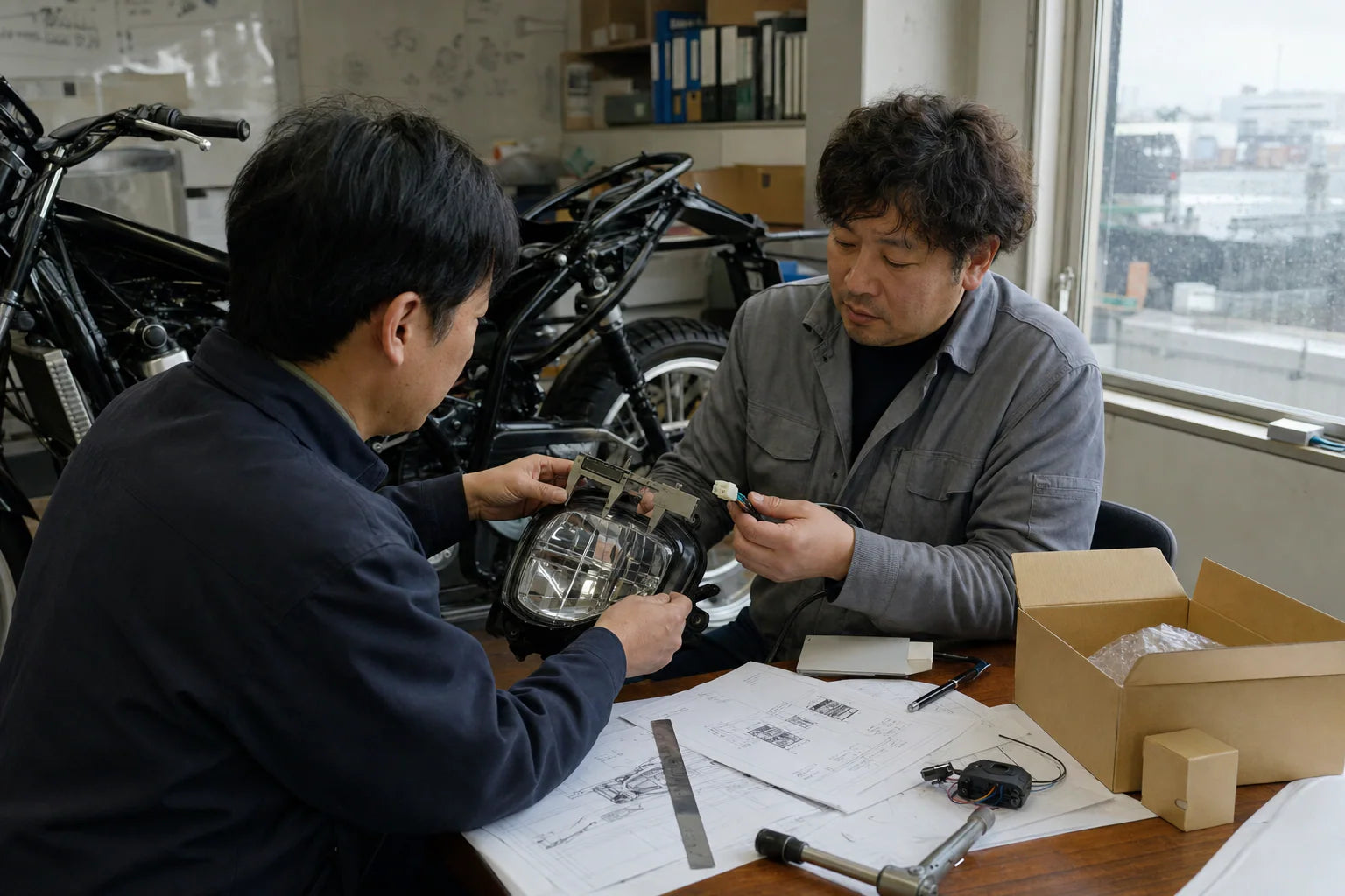 Japan and Korea motorcycle parts buyer reviewing specifications and packaging in Incheon