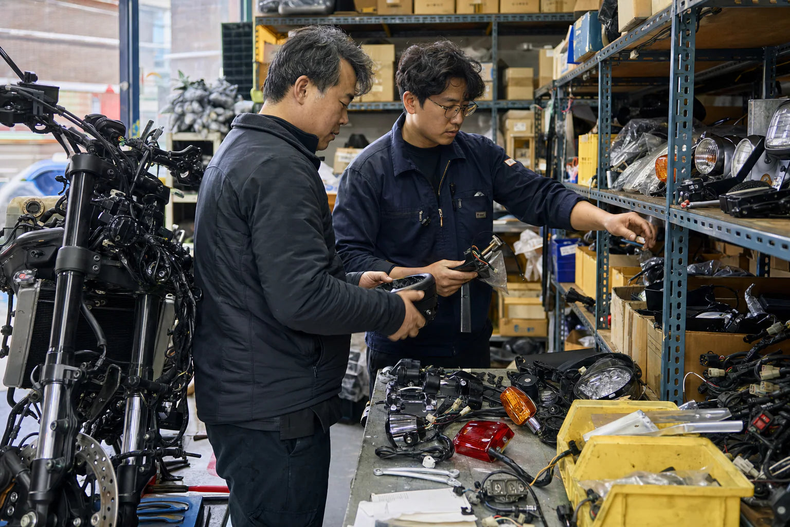 Japan and Korea motorcycle parts assortment prepared for a distributor in Busan