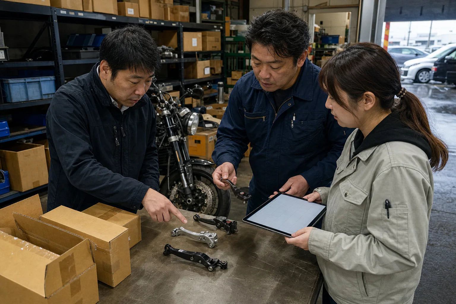 Japan and Korea motorcycle parts wholesale buyer comparing samples in Nagoya