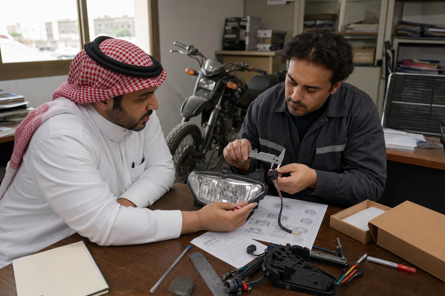 Middle East motorcycle parts buyer reviewing specifications and packaging in Jeddah