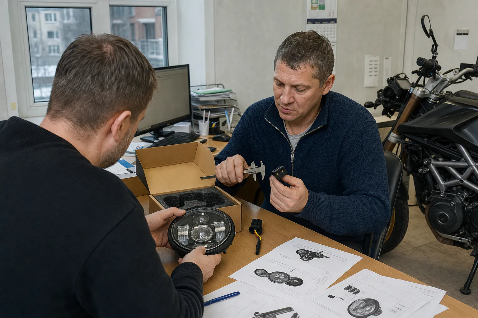 Russia motorcycle parts buyer reviewing technical specifications and packaging in Moscow