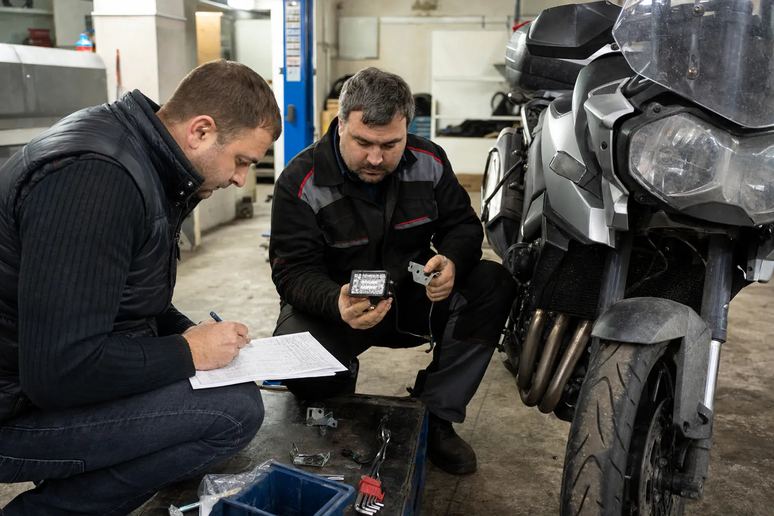 Russia motorcycle parts buyer checking fitment and documentation with a technician in Kazan