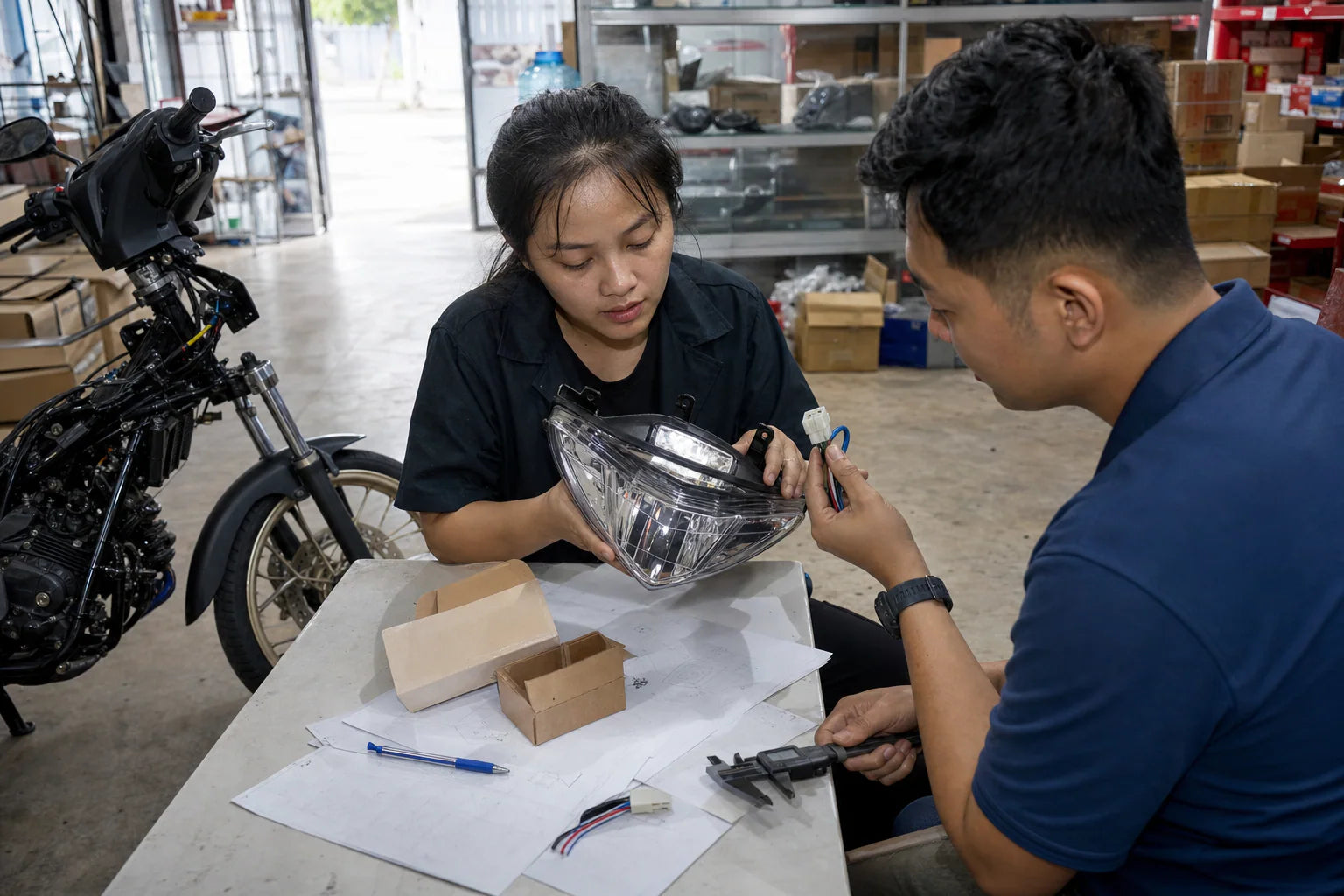Southeast Asia motorcycle parts buyer reviewing specifications and packaging in Da Nang