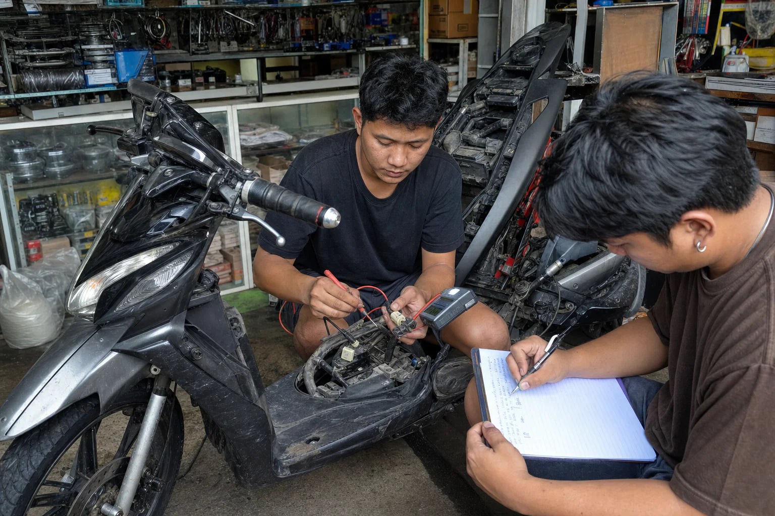 Southeast Asia motorcycle parts buyer checking fitment with a technician in Manila