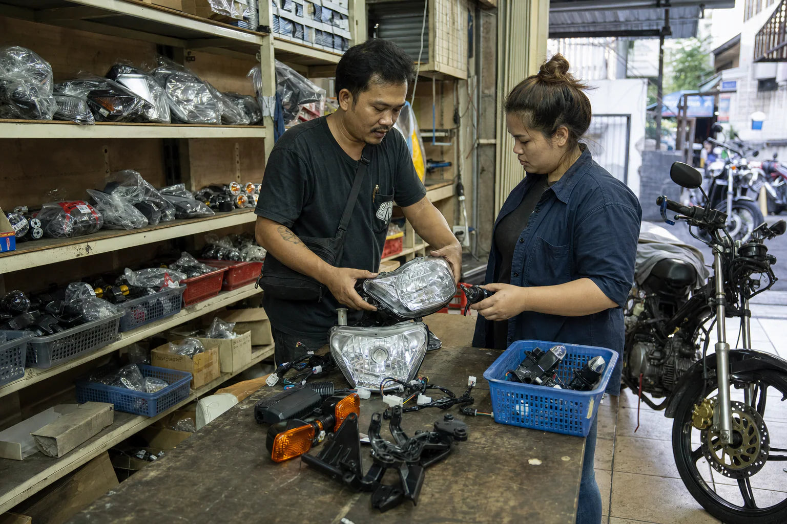 Southeast Asia motorcycle parts assortment prepared for a distributor in Chiang Mai