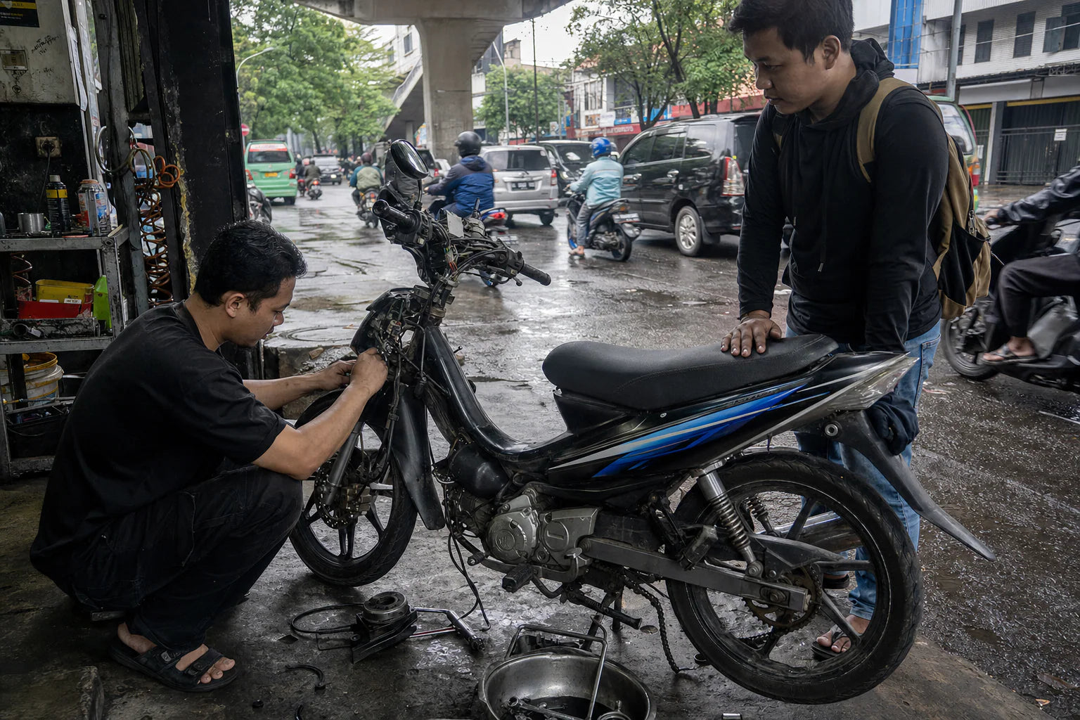 Southeast Asia motorcycle parts installed on a local motorcycle in Bandung