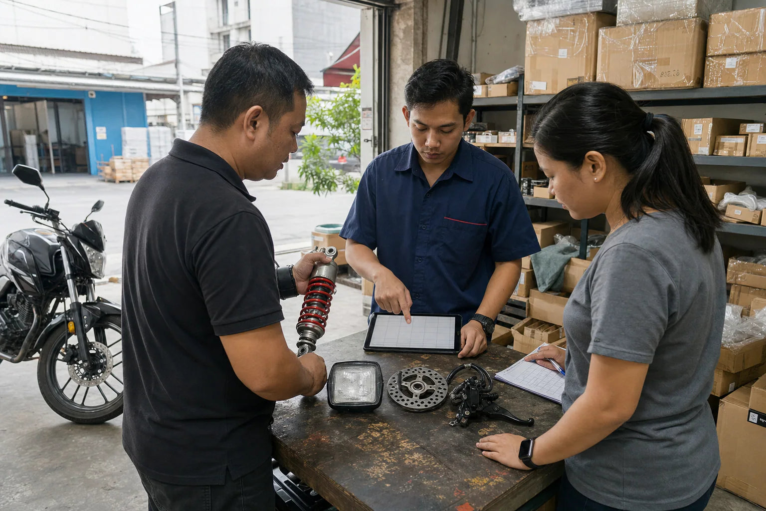 Southeast Asia motorcycle parts wholesale buyer comparing samples in Penang