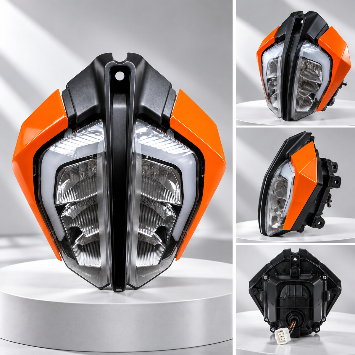 Angular headlight assembly shown from the front