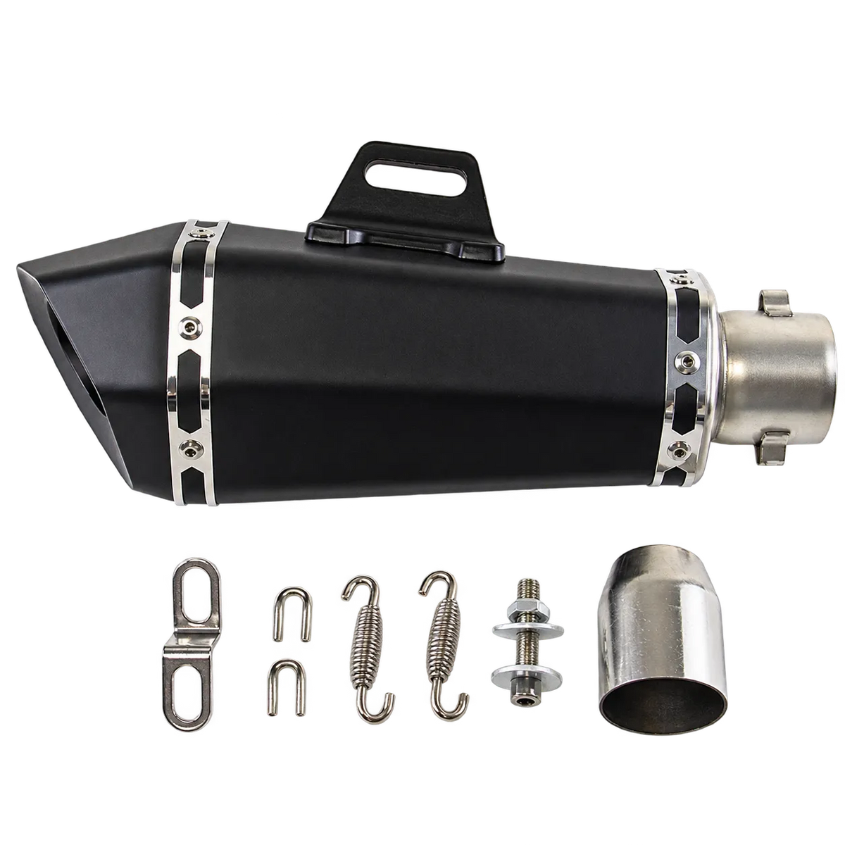 Black motorcycle exhaust muffler with mounting hardware