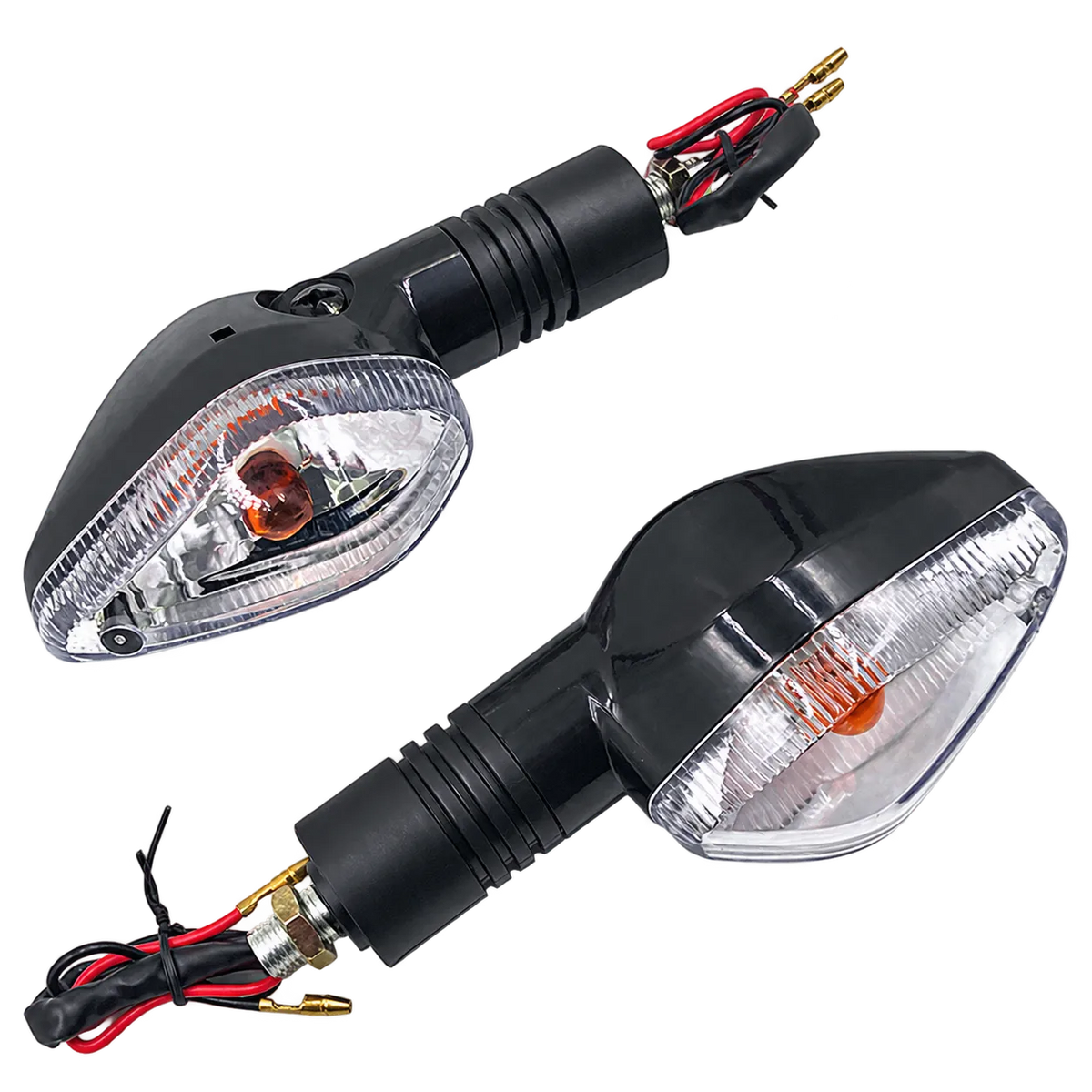 Pair of black motorcycle turn signal lights with wiring