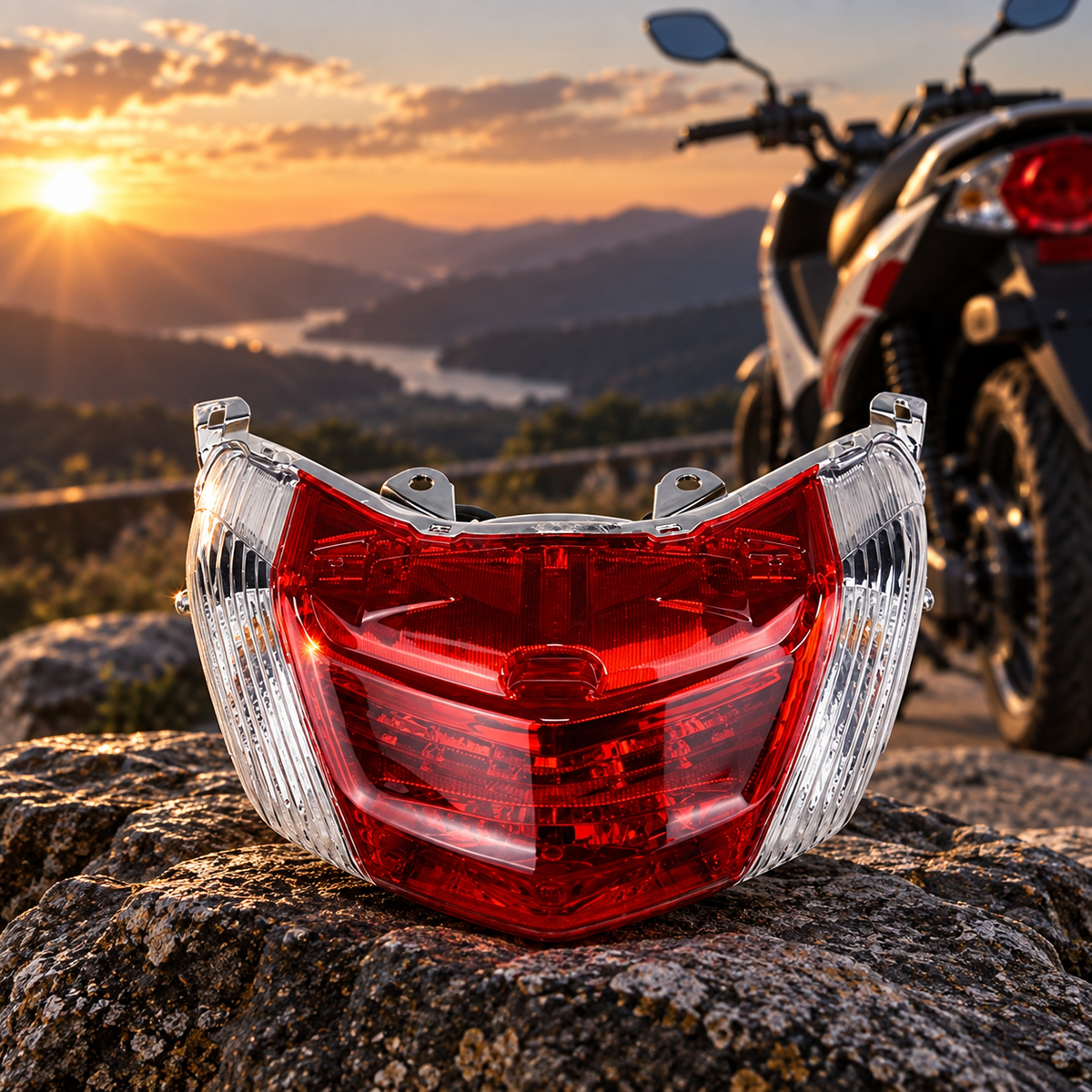 Motorcycle rear-light assemblies shown with several lens finishes