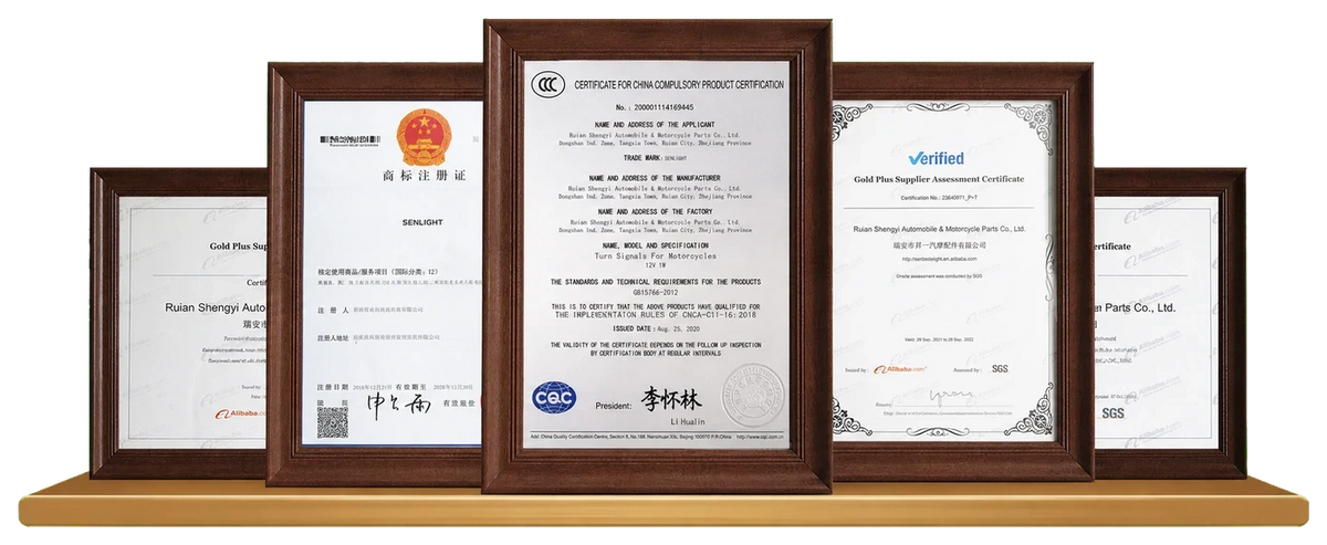 Framed motorcycle parts manufacturer certificates, including product certification, trademark registration and supplier assessments