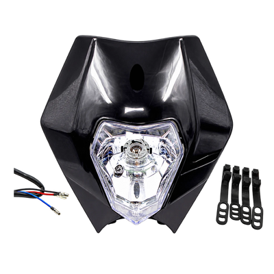Black off-road motorcycle headlight with wiring and cable ties