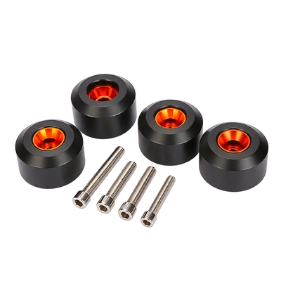 Black motorcycle frame sliders with mounting bolts