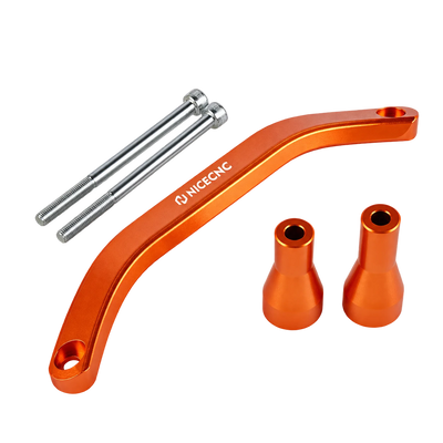 Orange motorcycle support bracket with mounting hardware