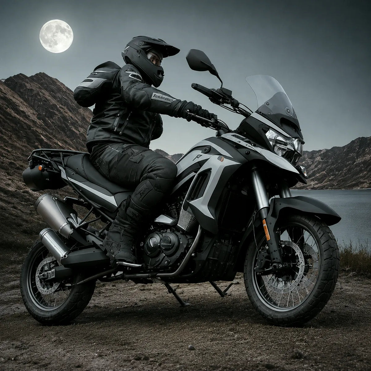 Adventure motorcycle by a mountain lake