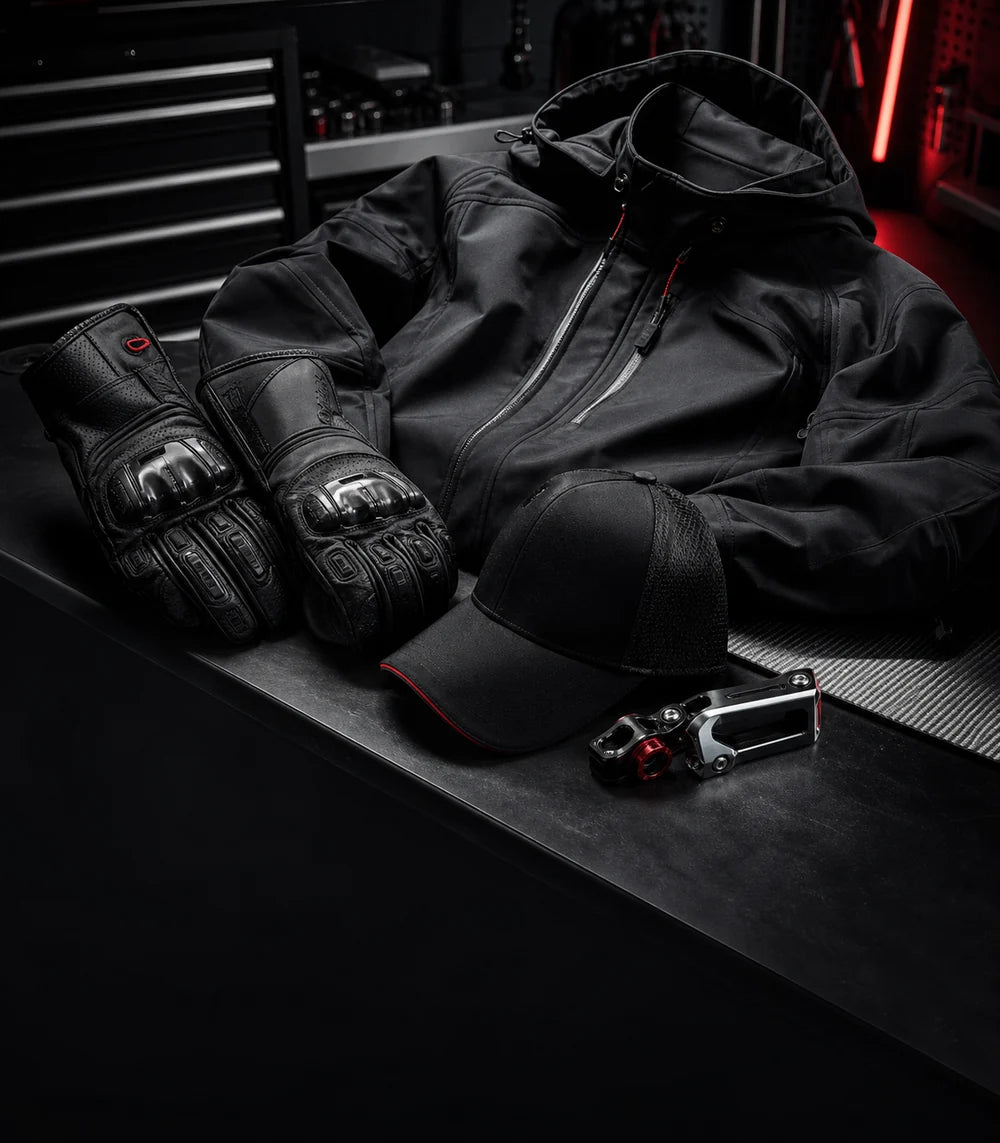 SENBEDER black motorcycle riding jacket, gloves and performance merchandise