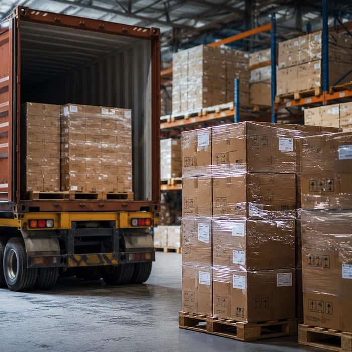 Warehouse container loading cardboard boxes