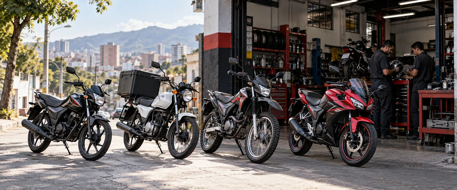 Illustrative mix of street, trail and sport motorcycles