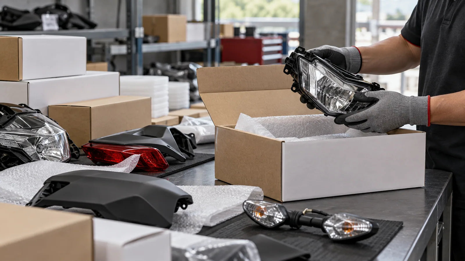 Illustrative motorcycle lighting packing workflow