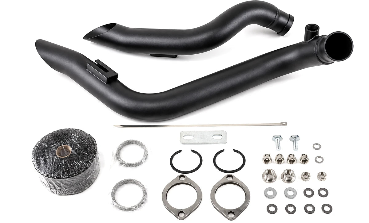 Real catalog exhaust components product photographed on a bright studio background