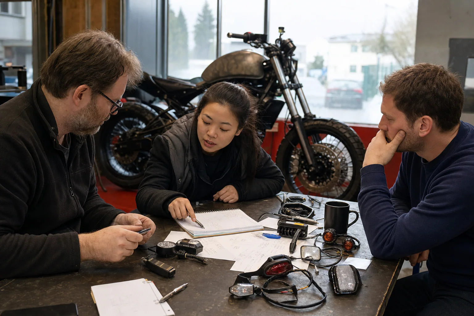 Motorcycle parts buyers reviewing B2C and B2B channel samples