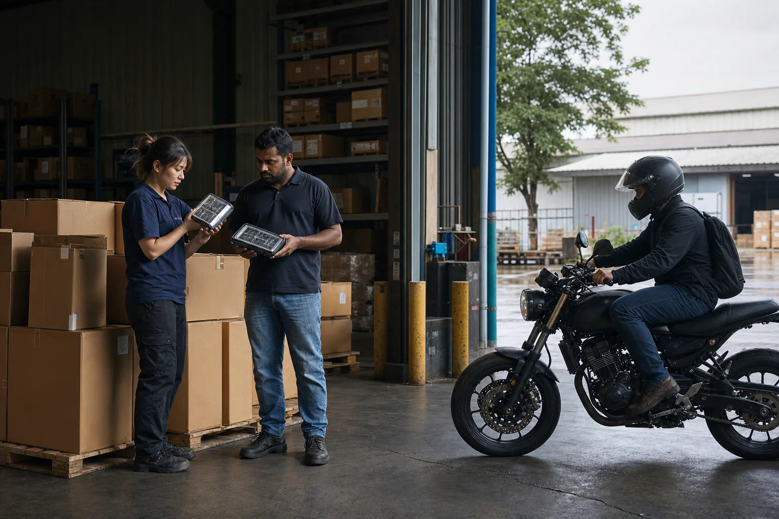 Global motorcycle parts supplier meeting riders at a distribution hub