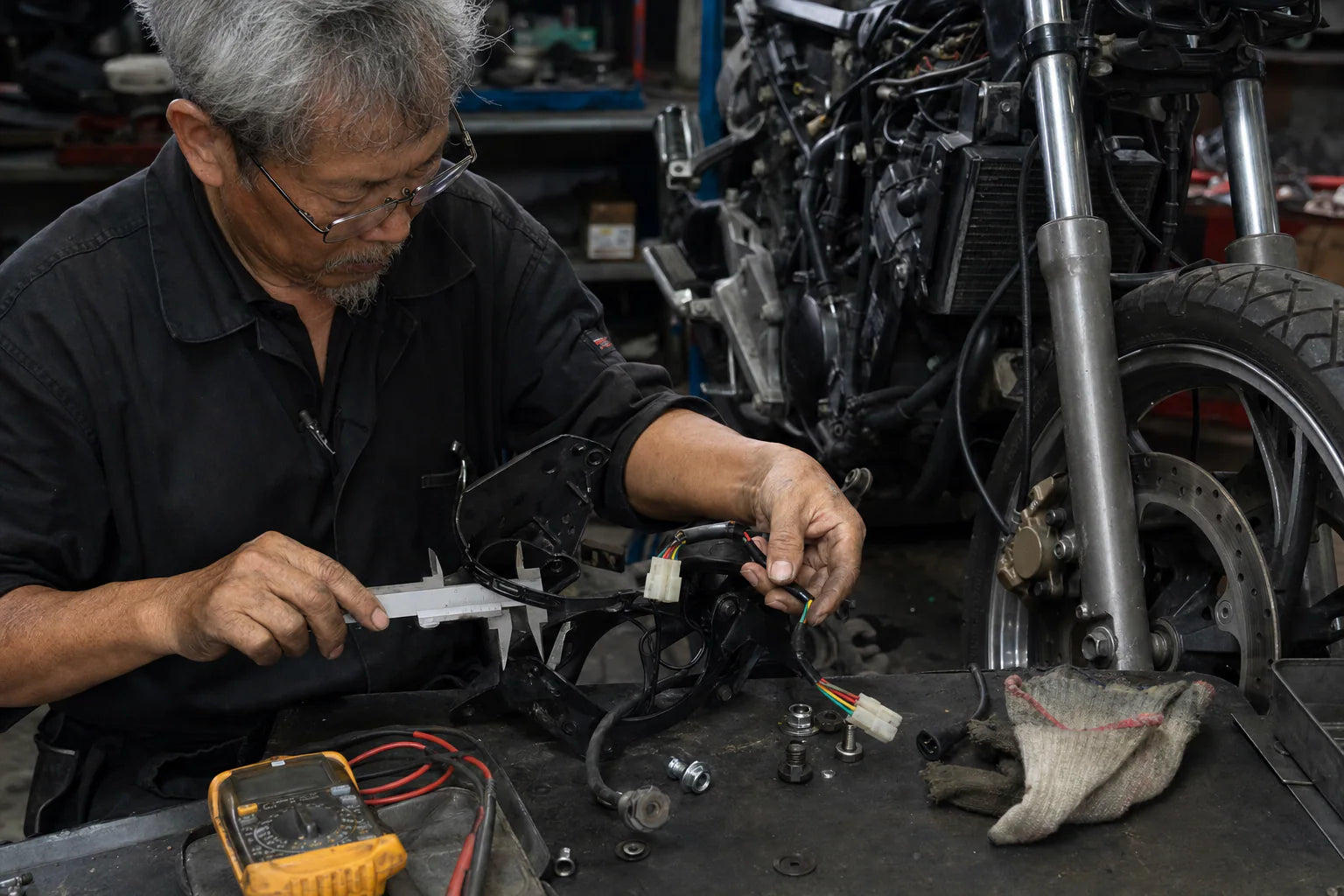 Motorcycle parts technician checking wiring and fitment at a quality bench
