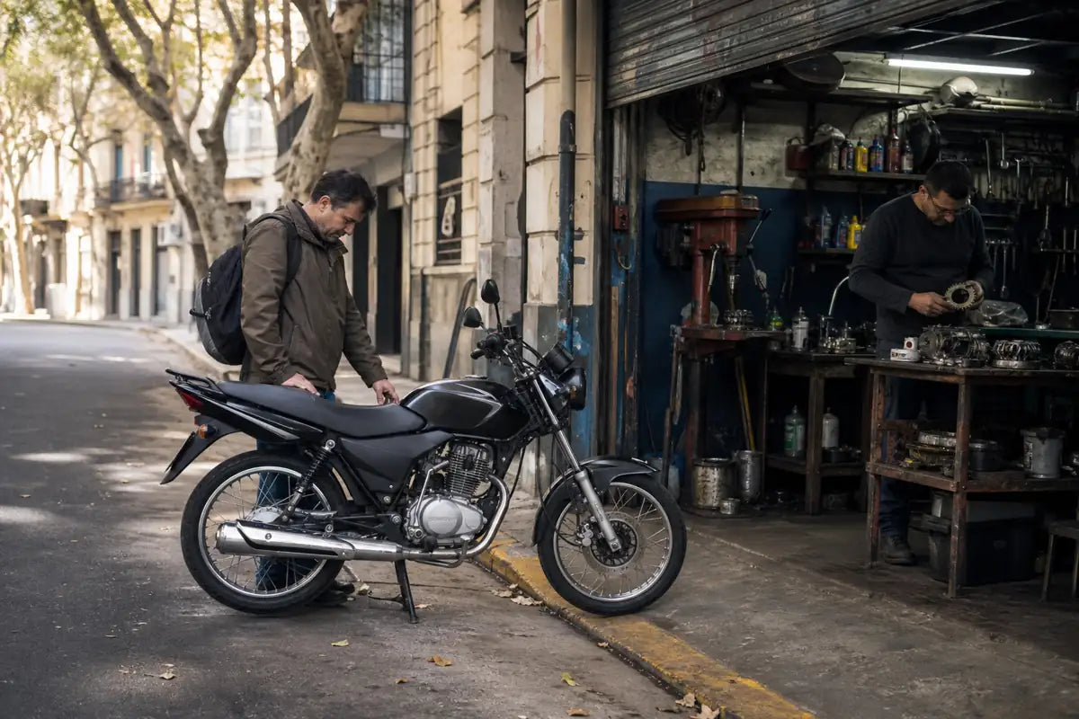 Argentina commuter motorcycle outside a Buenos Aires independent repair workshop