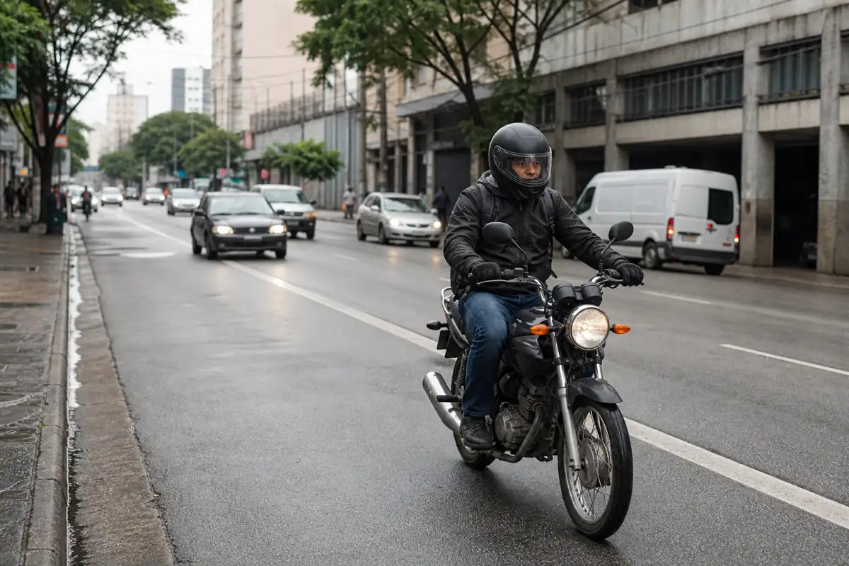 Brazil commuter motorcycle rider in Sao Paulo on a wet city street