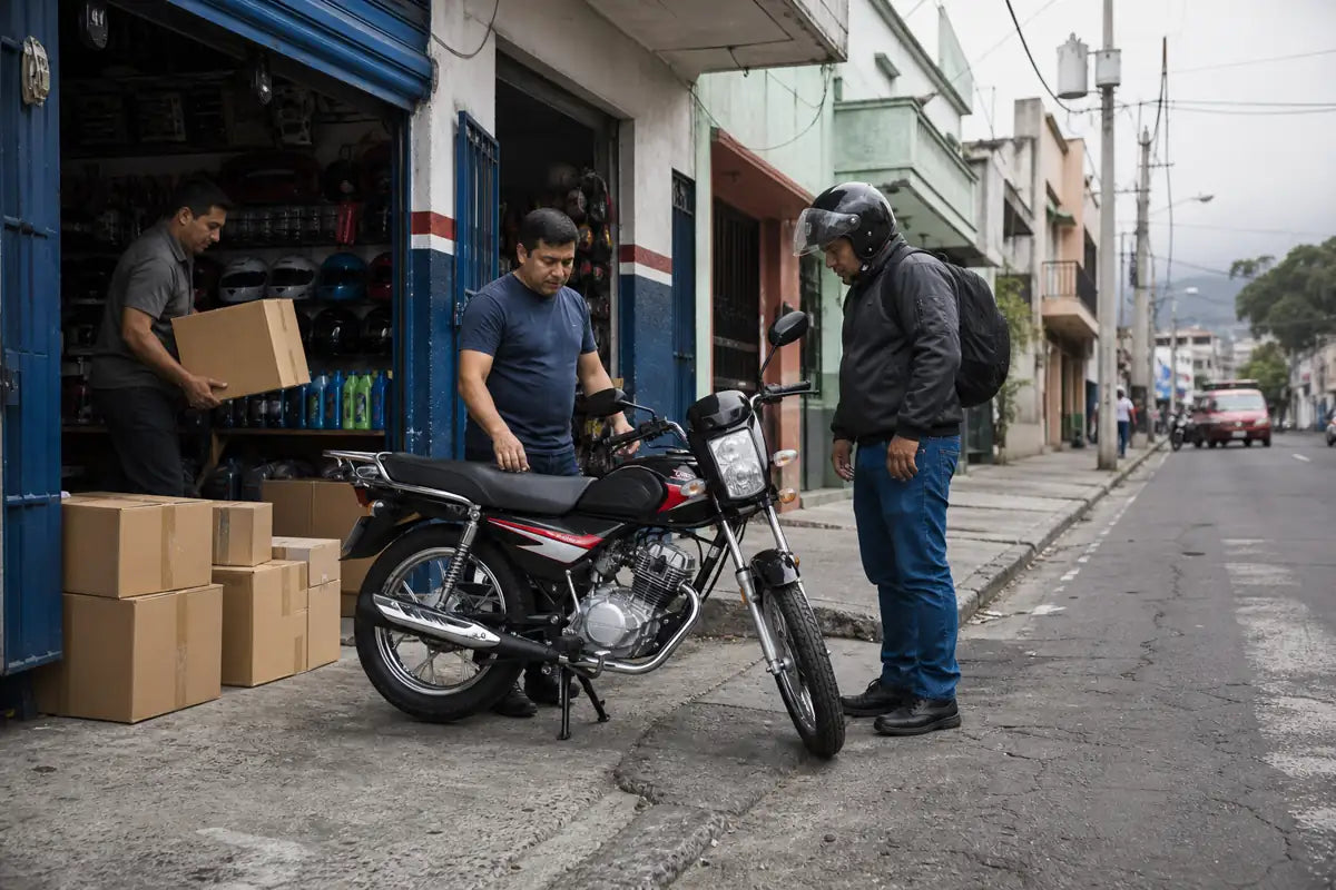 Guatemala motorcycle parts distributor receiving B2B replenishment with a commuter rider