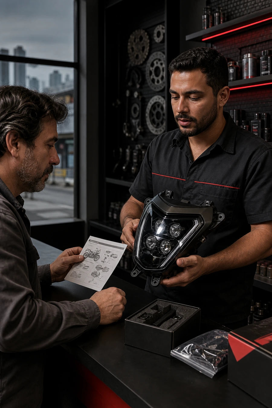 Latin America motorcycle parts distributor and technician reviewing an LED headlight for wholesale fitment