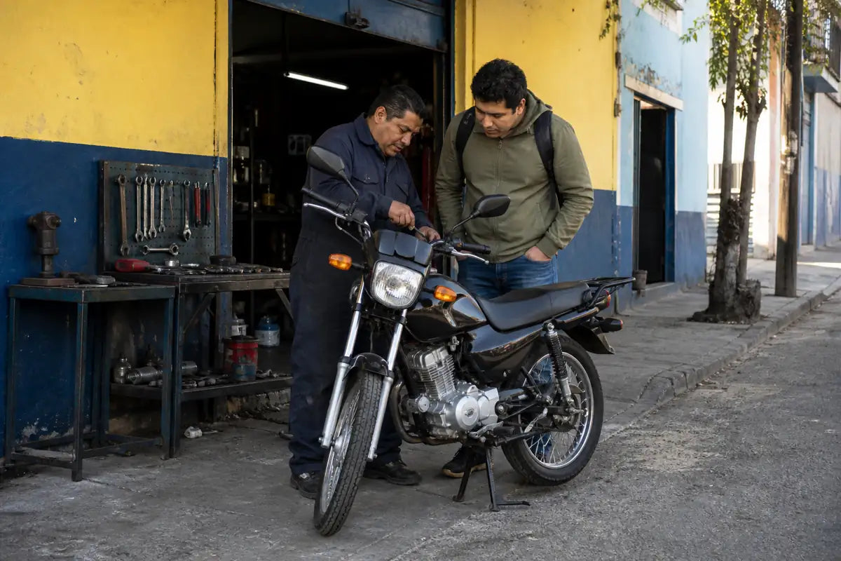 Mexico motorcycle mechanic and customer checking commuter motorcycle lighting