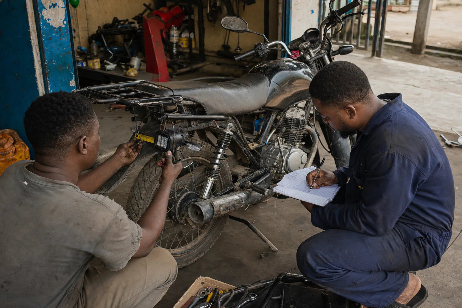 Africa motorcycle parts buyer checking fitment with a technician in Accra
