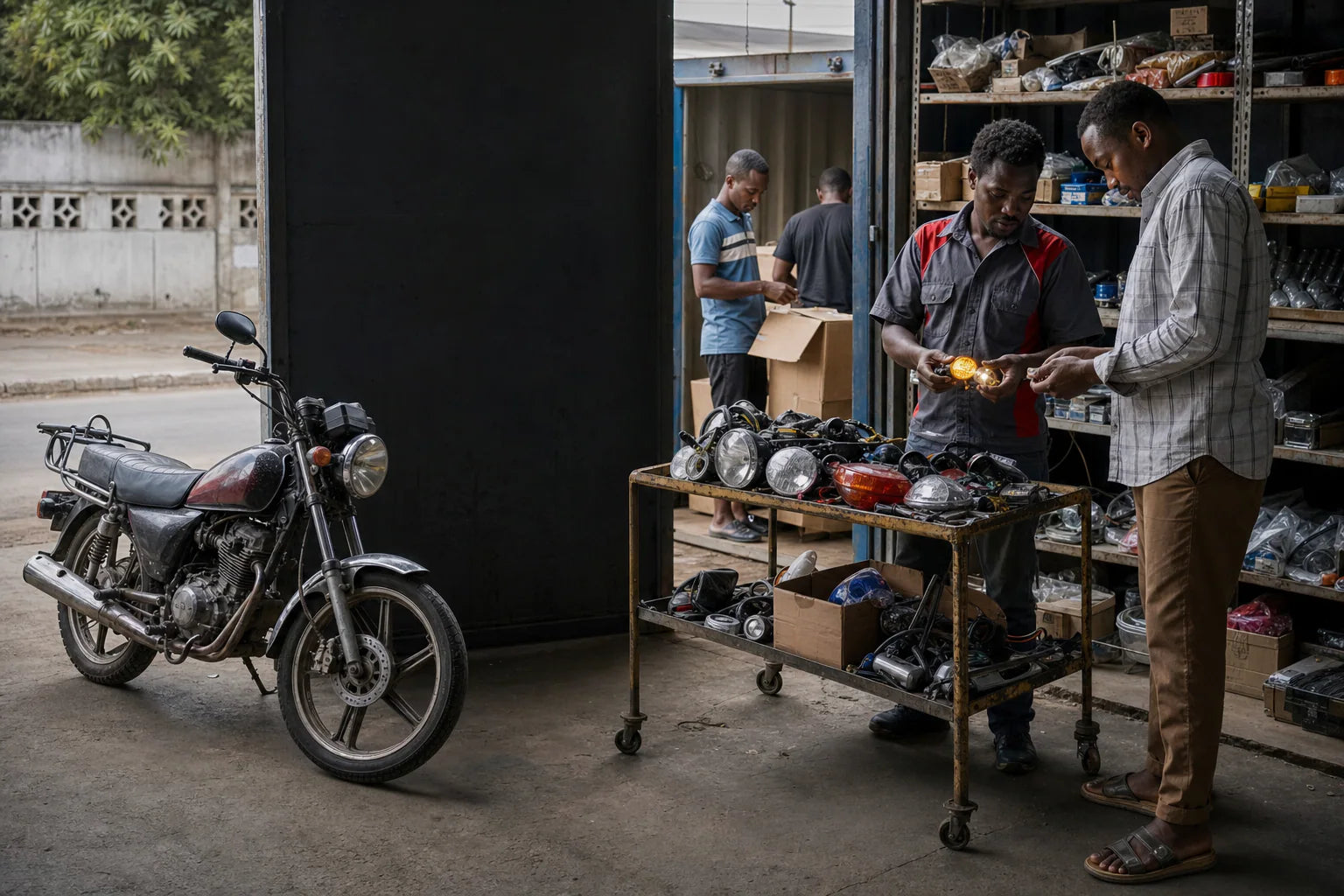 Africa motorcycle parts catalog selection at a wholesale warehouse in Mombasa