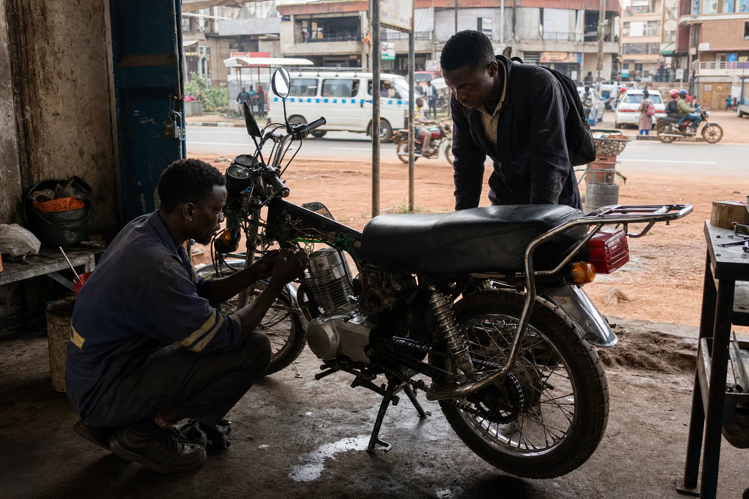 Africa motorcycle parts installed on a local motorcycle in Kampala