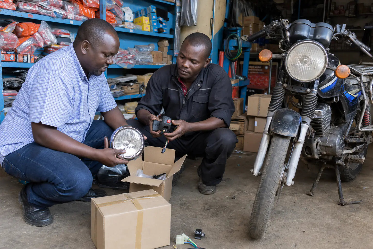 Africa motorcycle parts distributor reviewing serviceable private-label product samples