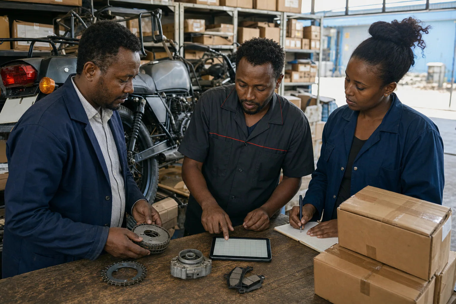 Africa motorcycle parts wholesale buyer comparing samples in Addis Ababa