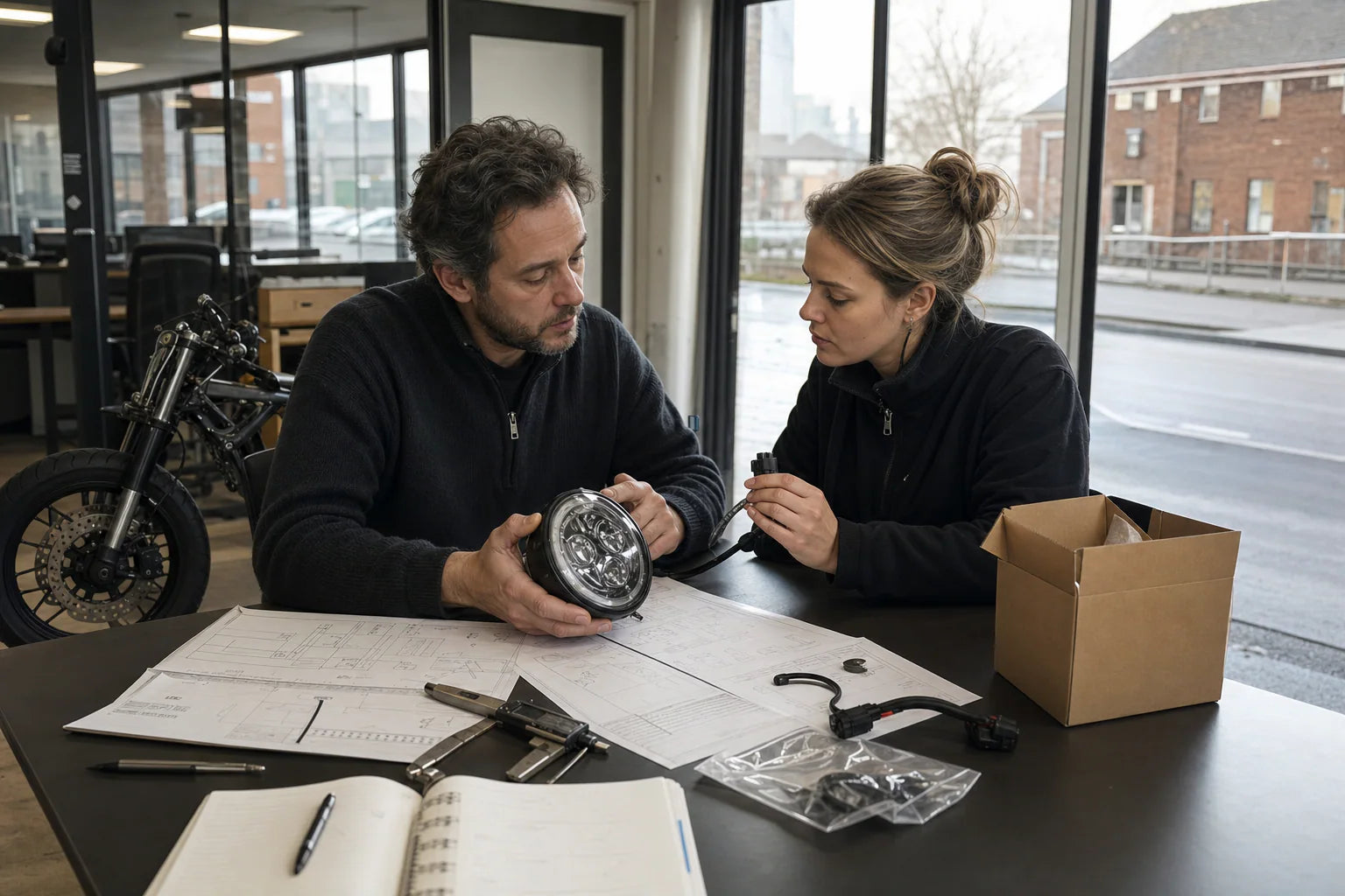 European motorcycle parts buyer reviewing fitment, approval documents and multilingual packaging