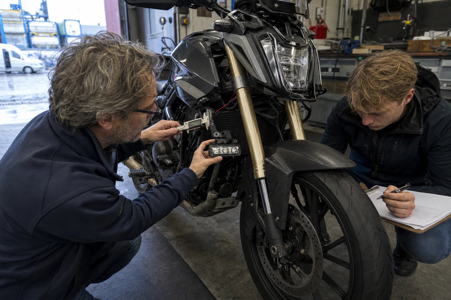 European motorcycle parts importer reviewing vehicle fitment and product documentation with a technician