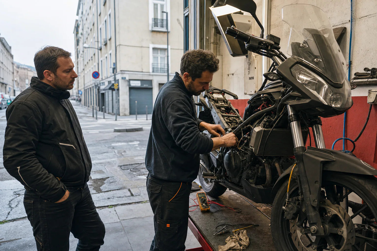 European technician installing road motorcycle protection parts and mirrors