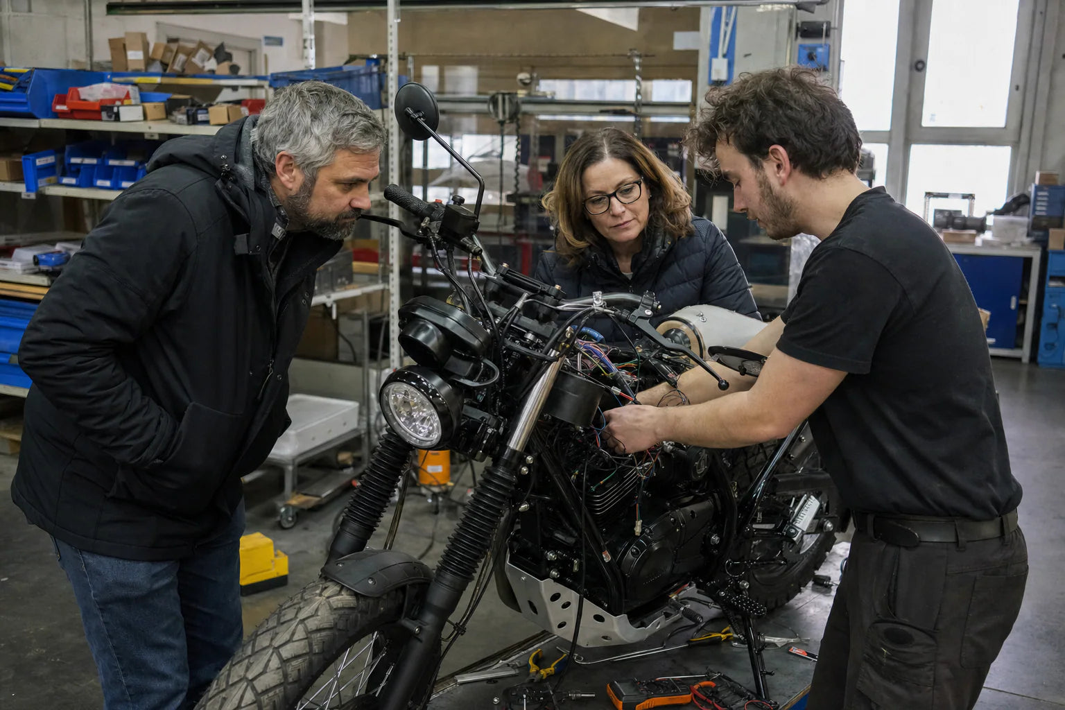 European motorcycle parts OEM buyer reviewing samples, packaging and production records