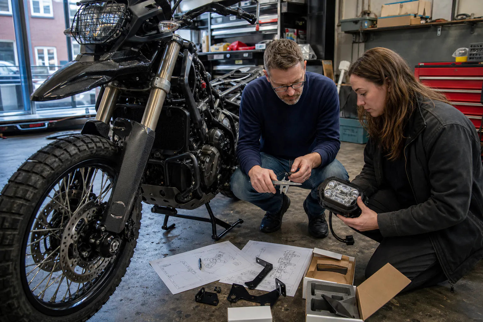 European motorcycle parts distributor reviewing private-label samples and compliance files