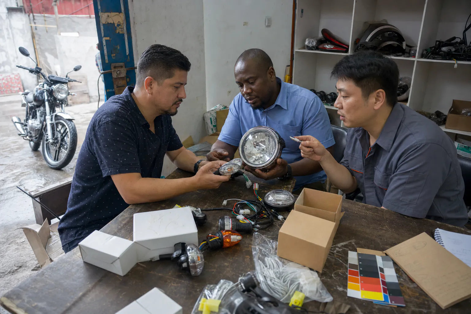 Global motorcycle parts buyers reviewing private-label and OEM samples
