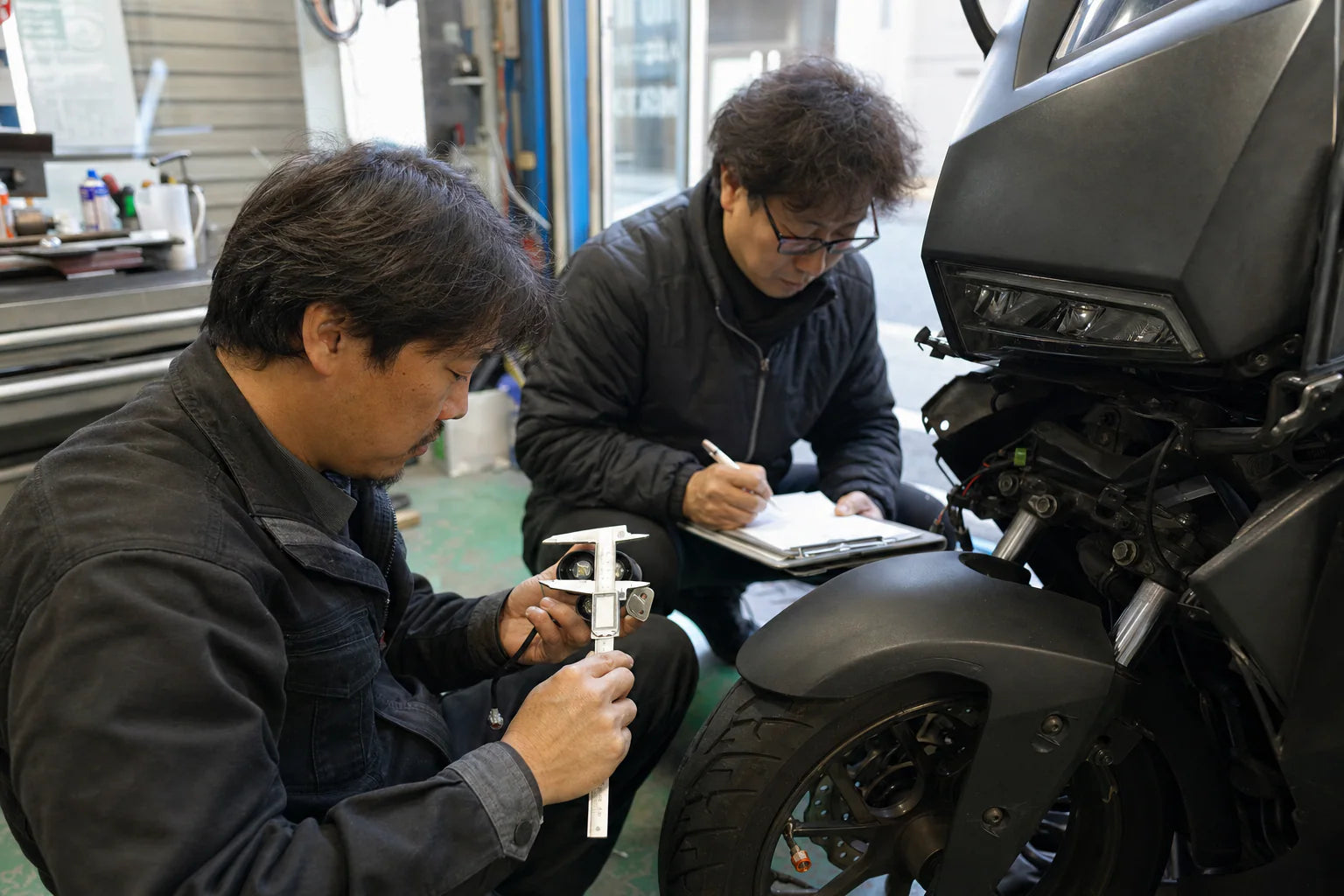 Japan and Korea motorcycle parts buyer checking fitment with a technician in Osaka